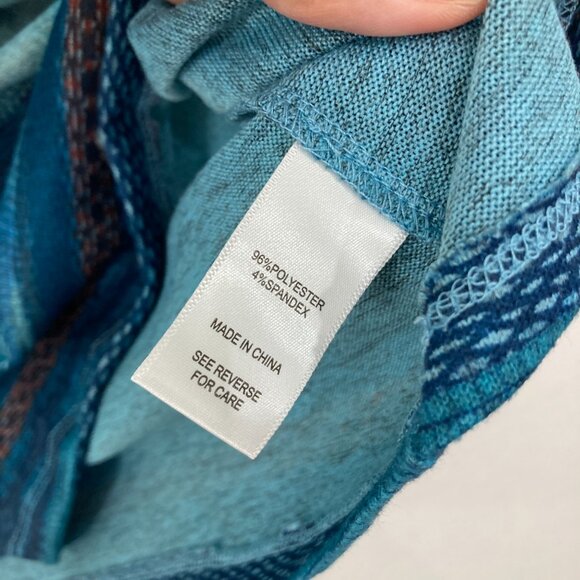 New Cactus + Pearl Large Blue 3/4 Sleeve Stretch Knit Scarf Boho Print Top - Picture 6 of 8